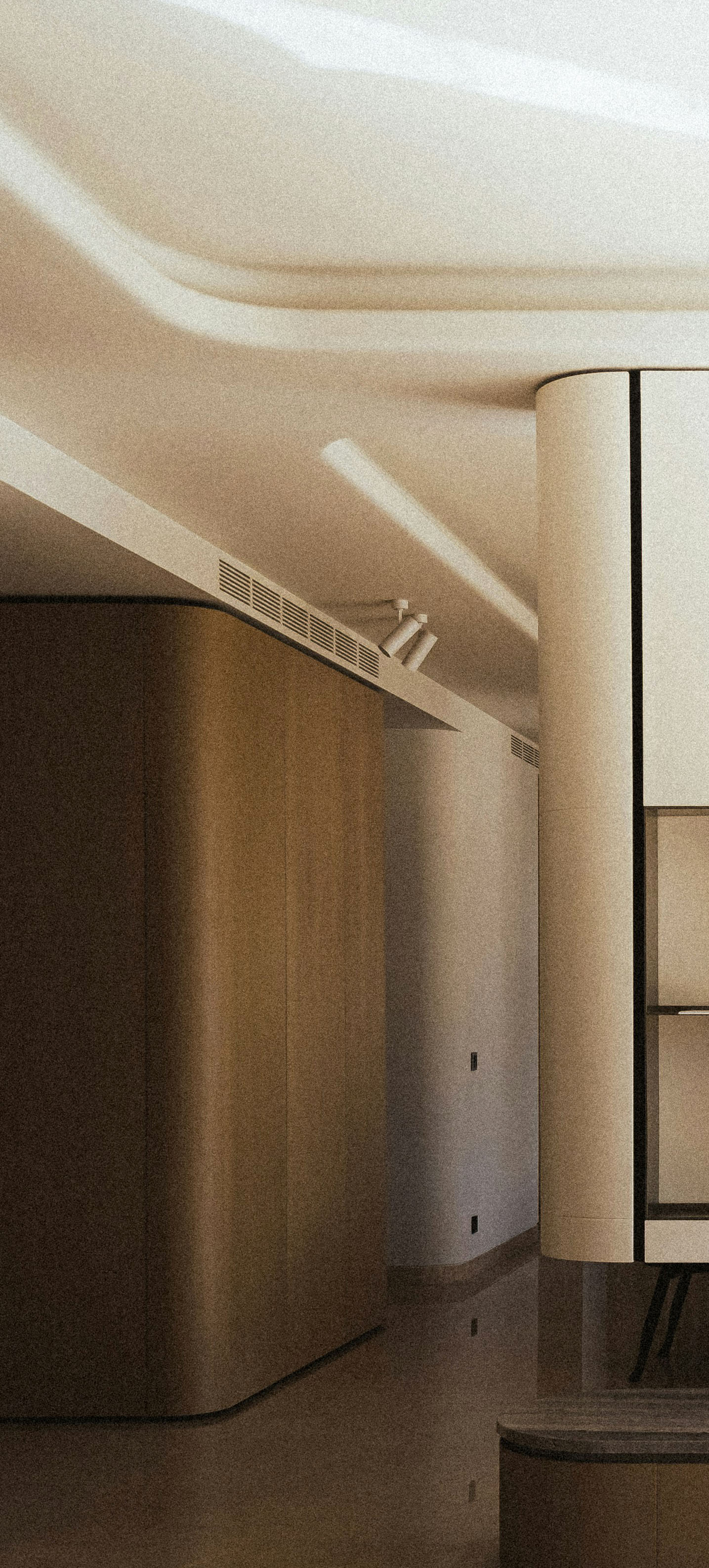 Innenarchitektur mit geschwungener Decke und Holzoberflächen
